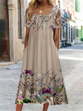 Vestido midi de flores de encaje con escote cuadrado y manga corta