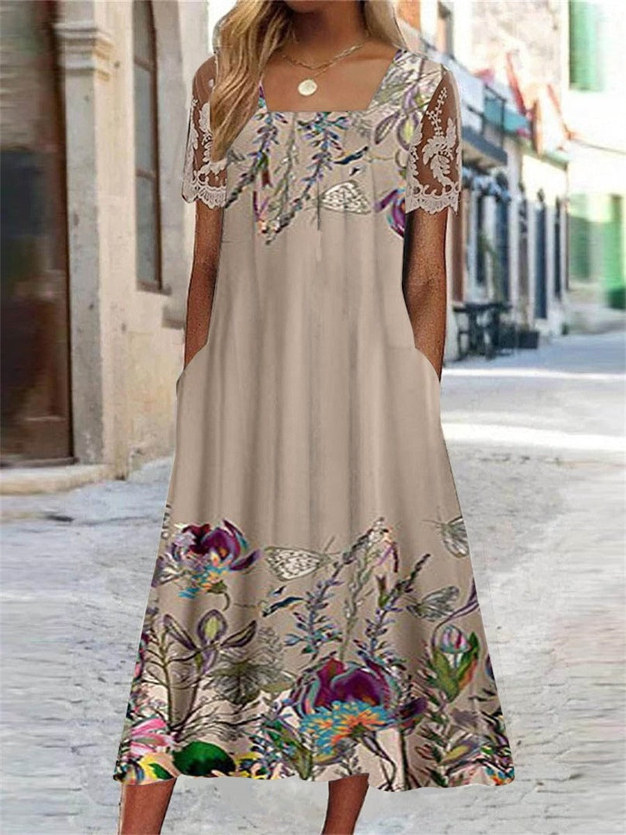 Vestido midi de flores de encaje con escote cuadrado y manga corta