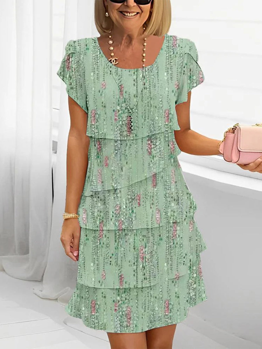 Vestido corto verde con cuello redondo y manga corta