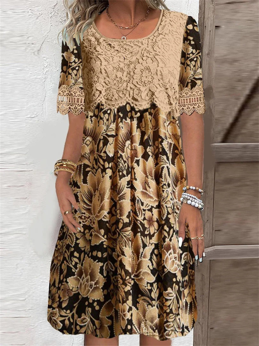 Vestido midi de estampado gráfico con escote redondo amplio y manga corta