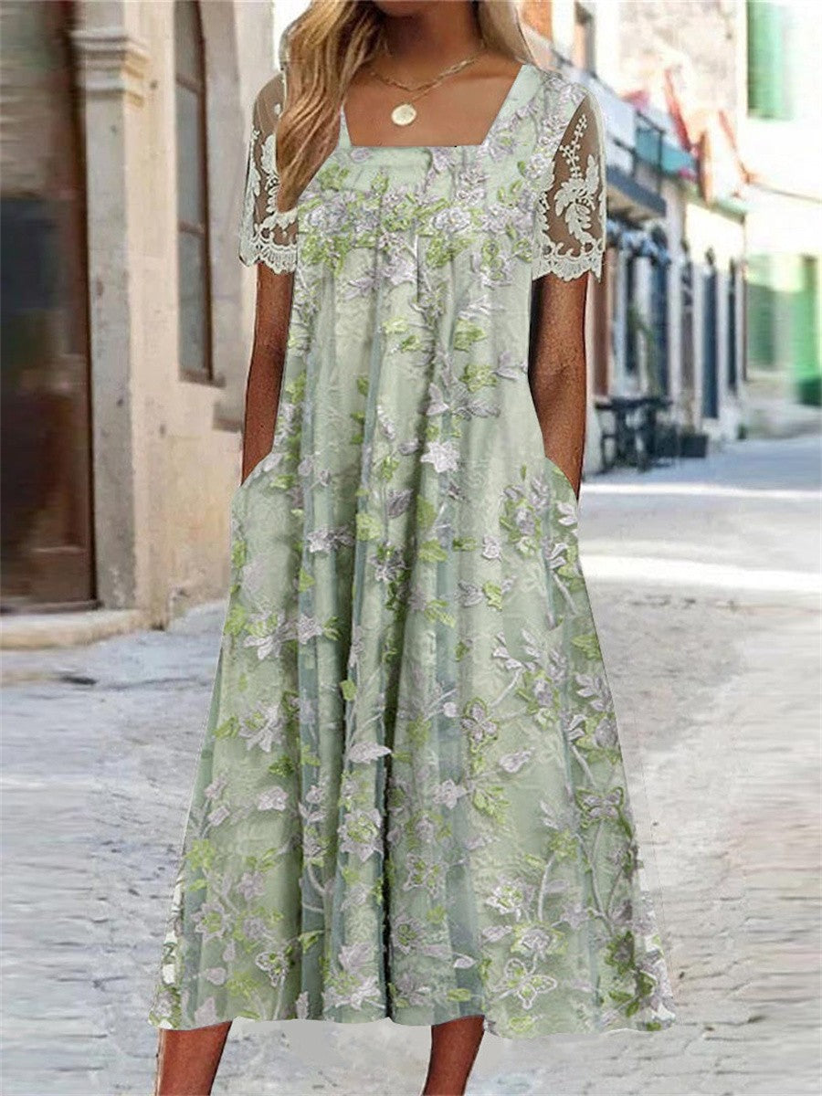 Vestido midi de flores de encaje con cuello camisero y manga corta