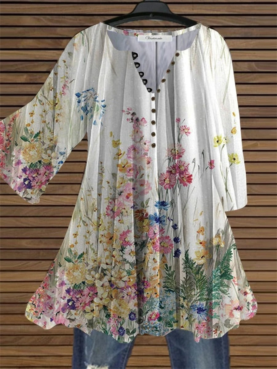 Top de flores con escote en pico y manga larga