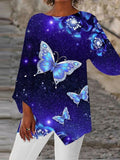 Blusa casual asimétrica de mariposas con cuello redondo y manga larga