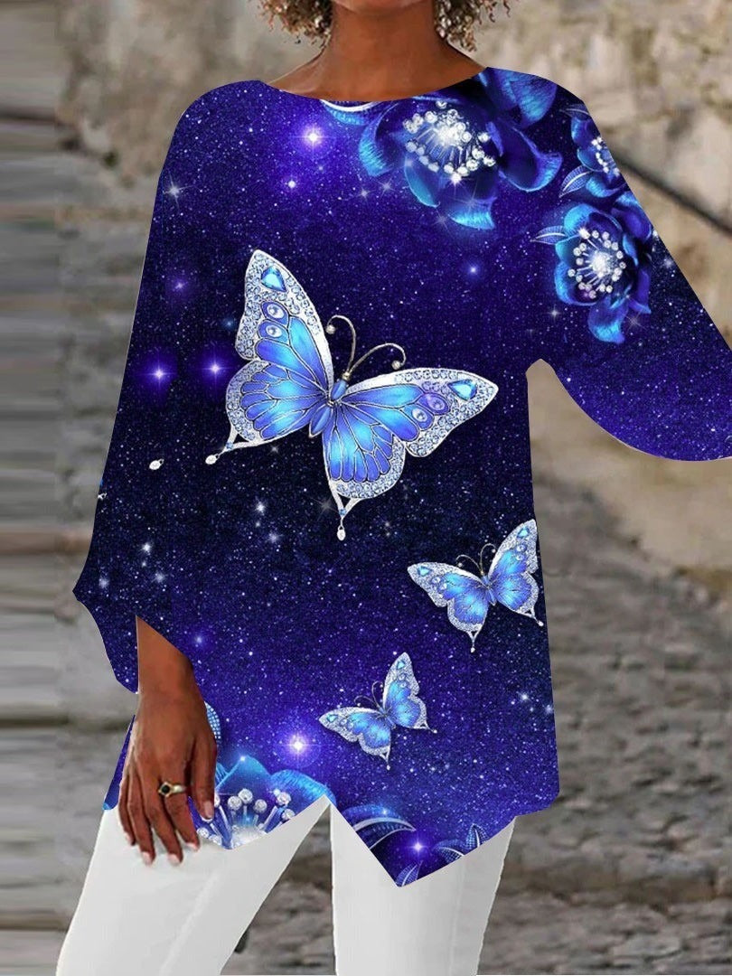 Blusa casual asimétrica de mariposas con cuello redondo y manga larga