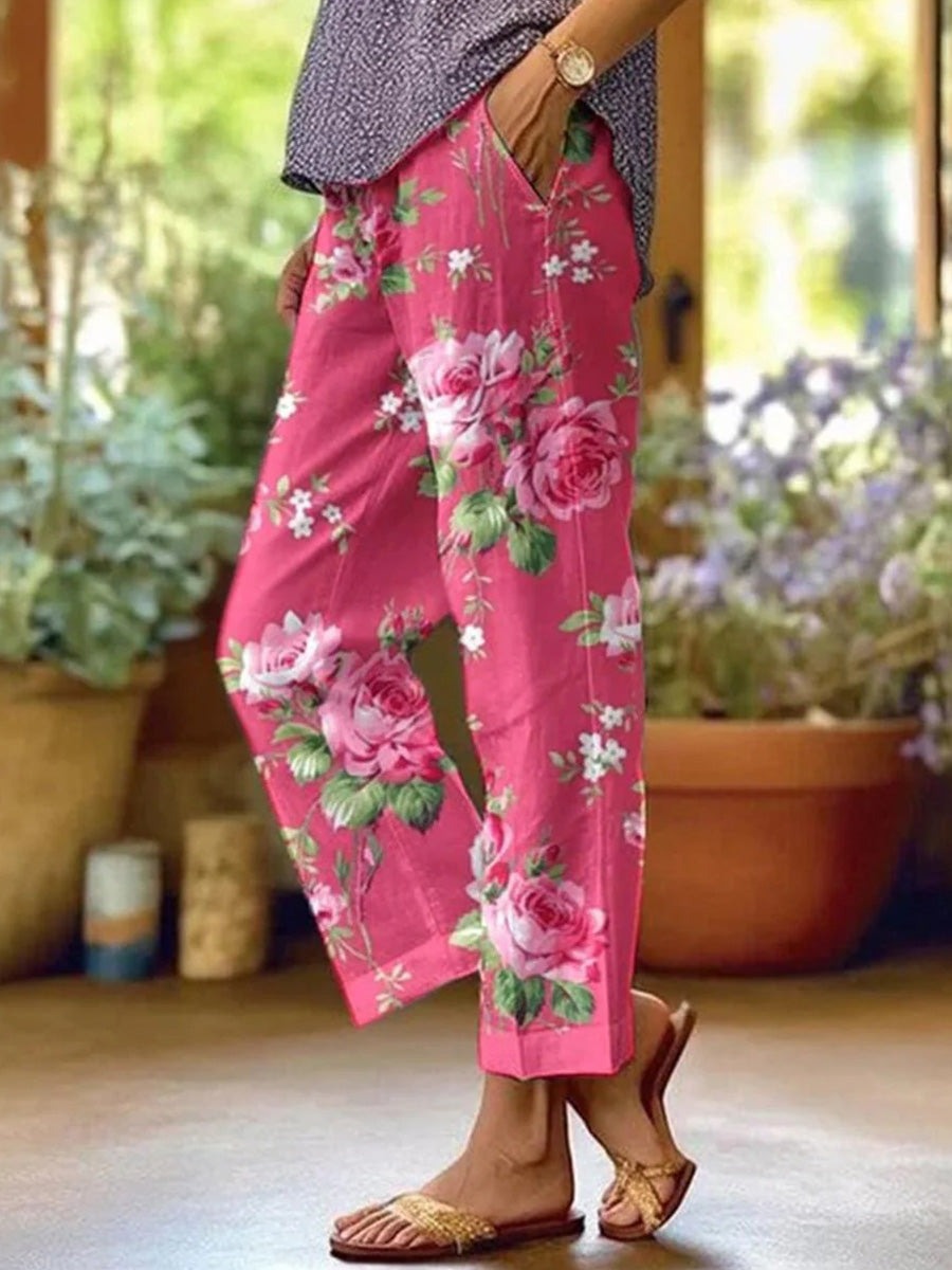 Pantalón casual de flores rosa con bolsillos