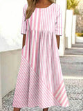 Vestido largo de rayas con cuello redondo, manga francesa y bolsillos