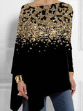 Blusa casual asimétrica de lentejuelas con cuello redondo y manga larga