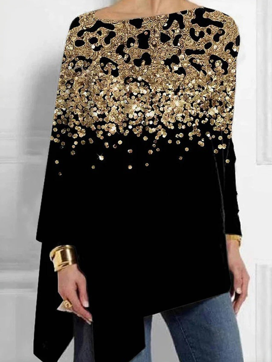 Blusa casual asimétrica de lentejuelas con cuello redondo y manga larga