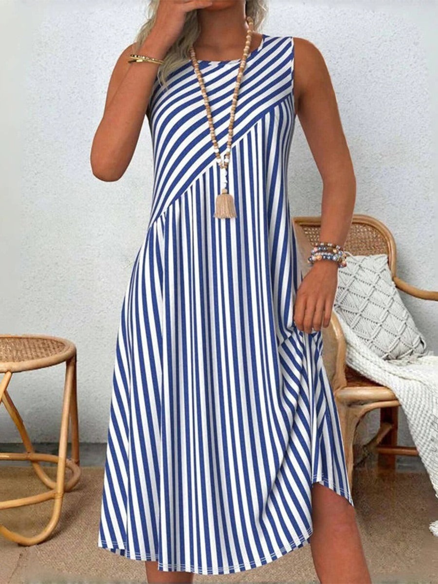 Vestido midi de rayas blanco con cuello redondo, sin mangas