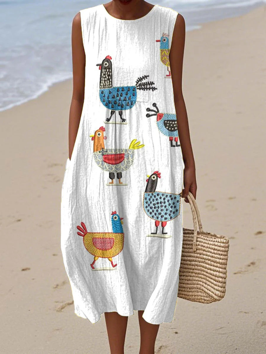 Vestido vintage estampado con cuello redondo, sin mangas