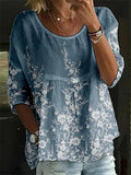 Top vintage de flores con cuello redondo y manga larga