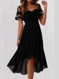 Vestido elegante midi de patchwork de malla negro con manga corta