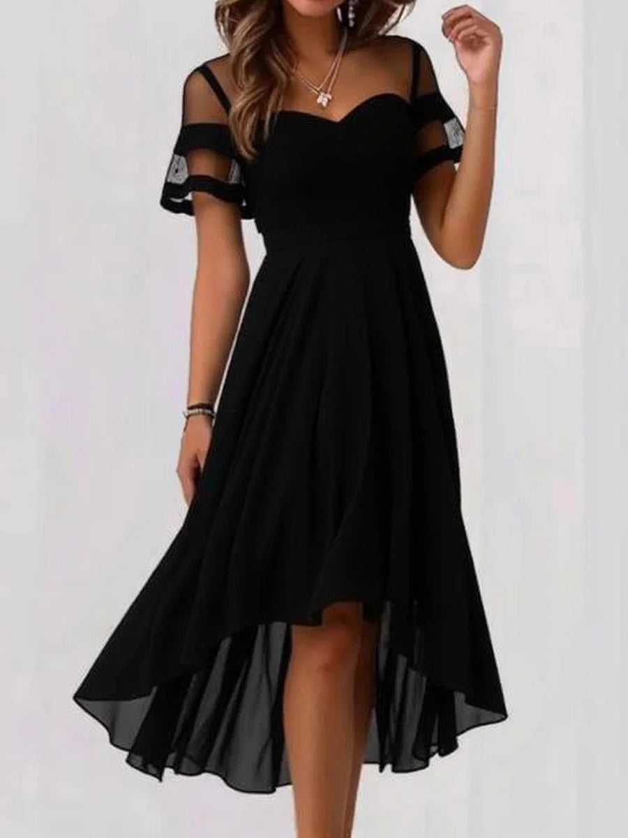Vestido elegante midi de patchwork de malla negro con manga corta