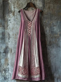 Vestido vintage midi bordado con escote en pico, sin mangas