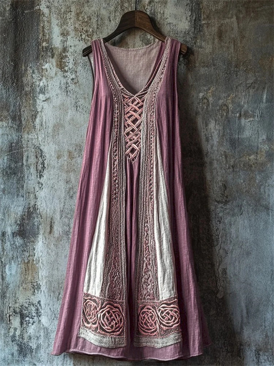 Vestido vintage midi bordado con escote en pico, sin mangas