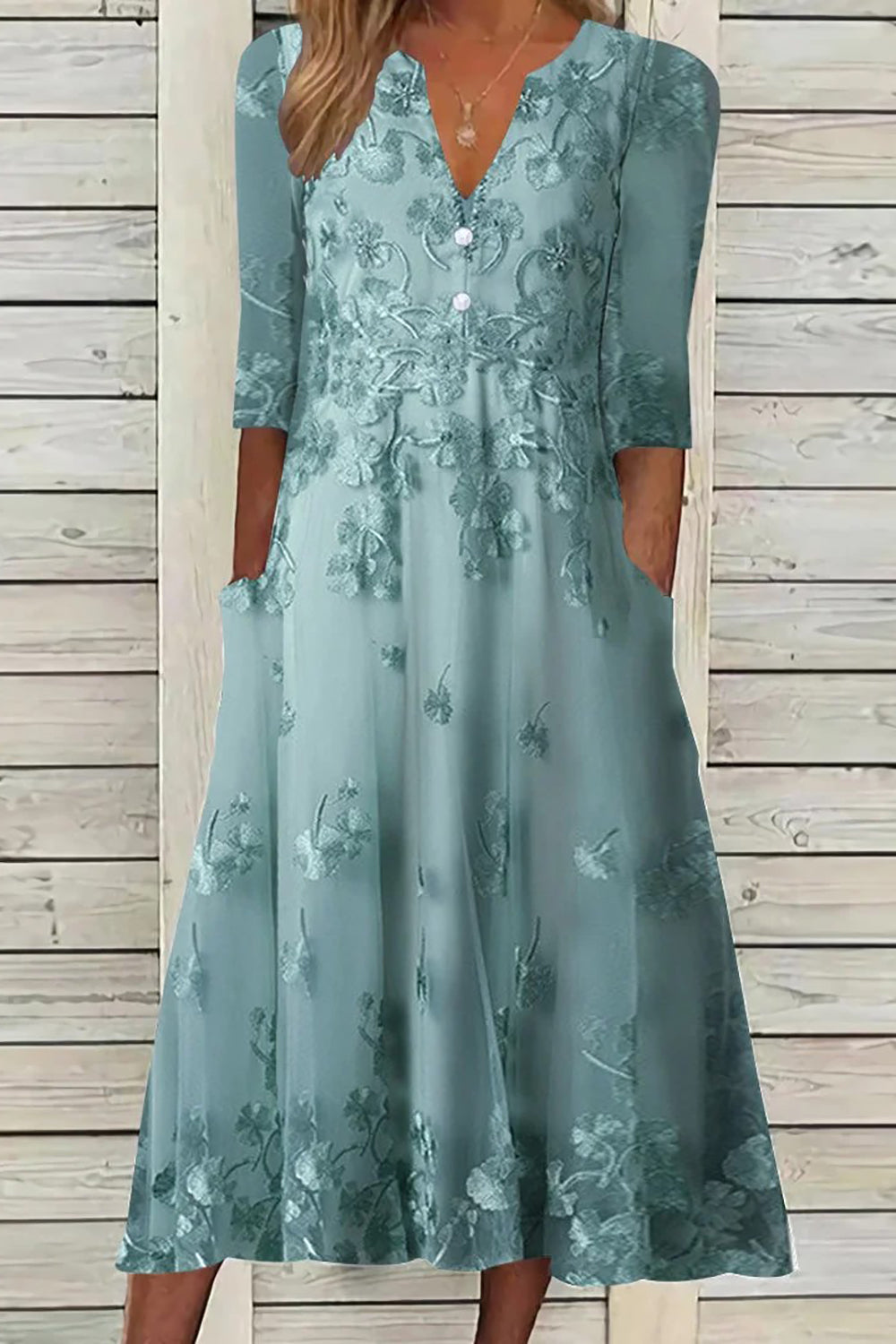 Vestido midi de flores con escote en pico, manga francesa y bolsillos