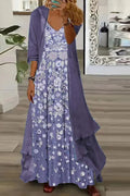 Conjunto ligero largo de dos piezas de flores con escote en pico