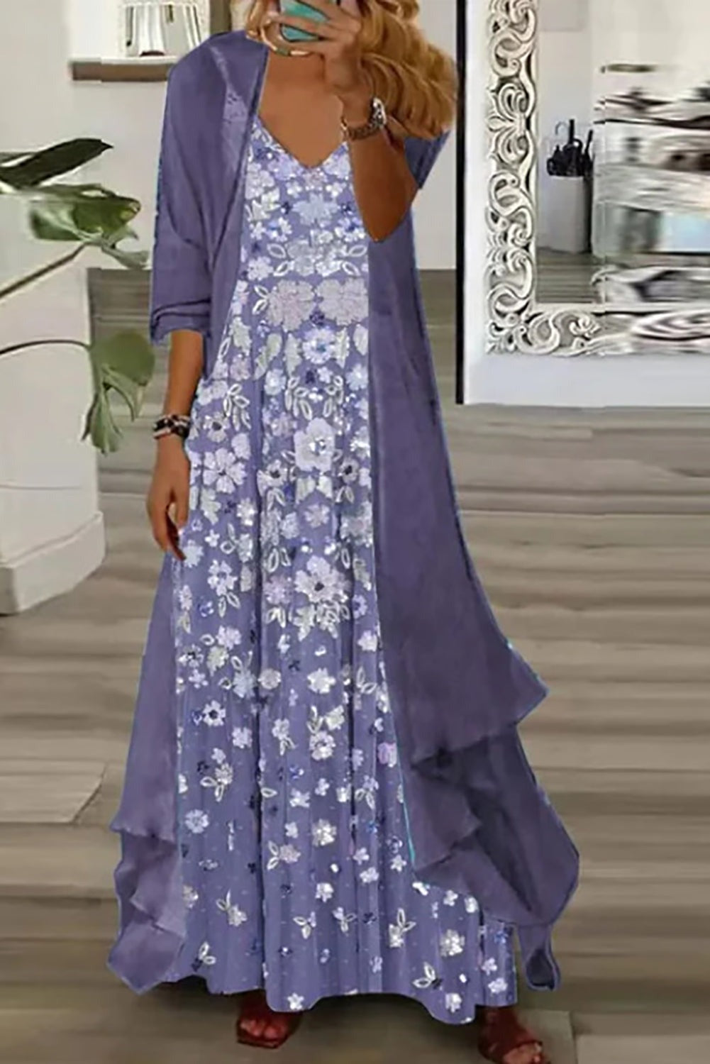 Conjunto ligero largo de dos piezas de flores con escote en pico