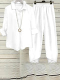 Conjunto de dos piezas liso blanco con cuello redondo y manga larga