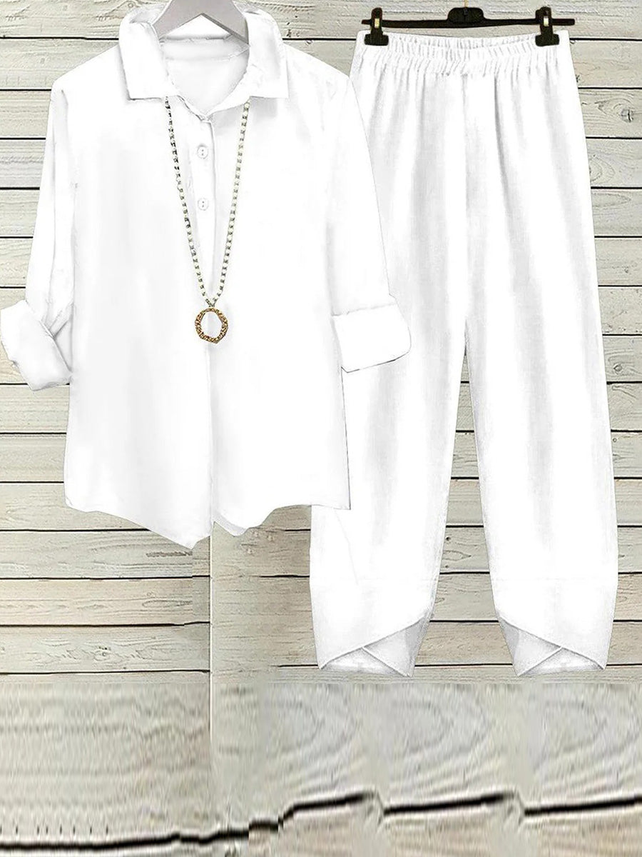 Conjunto de dos piezas liso blanco con cuello redondo y manga larga