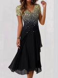 Vestido midi fluido de lentejuelas con escote en pico y manga corta