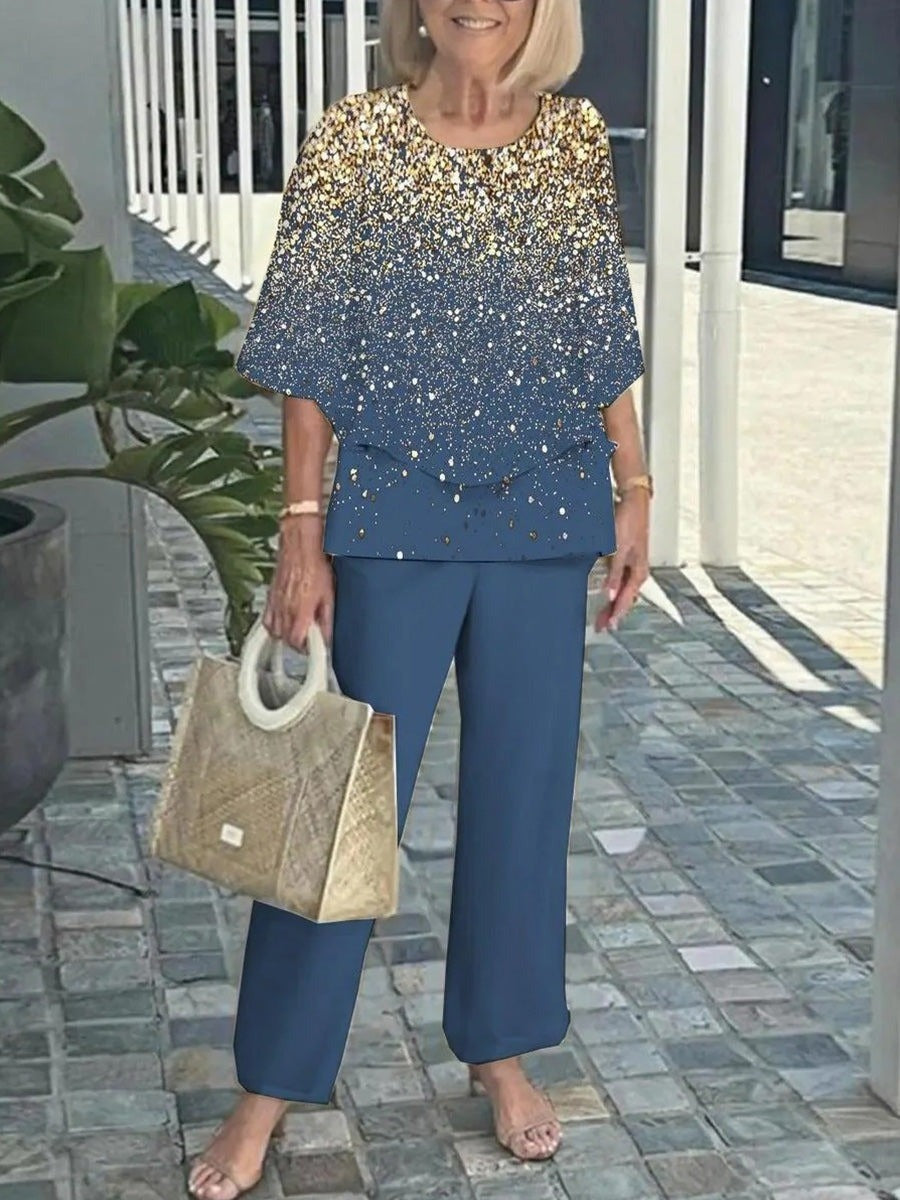Conjunto de dos piezas de capas con brillos con cuello redondo