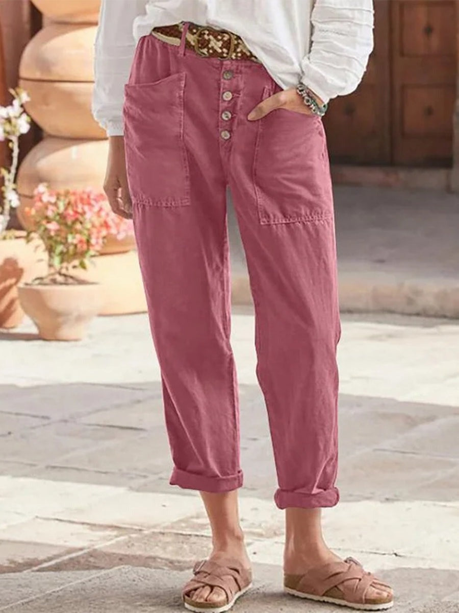 Pantalón casual liso con bolsillos y botones