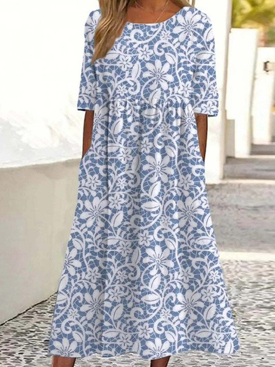 Vestido midi de flores con cuello redondo y manga corta