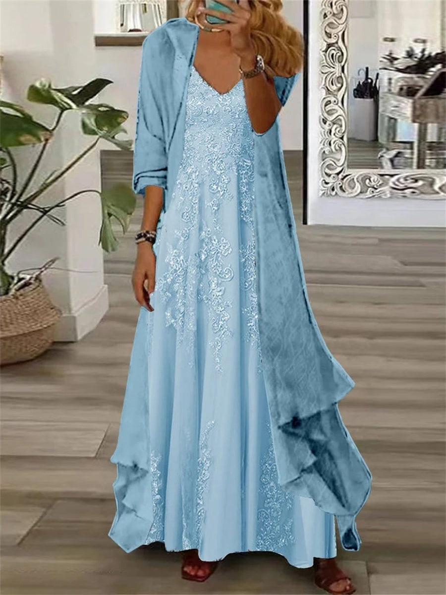 Conjunto largo de dos piezas de flores con escote en pico y manga larga