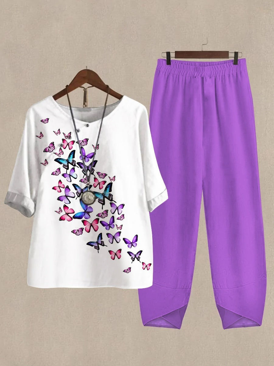 Conjunto de dos piezas de mariposas con cuello redondo y manga francesa