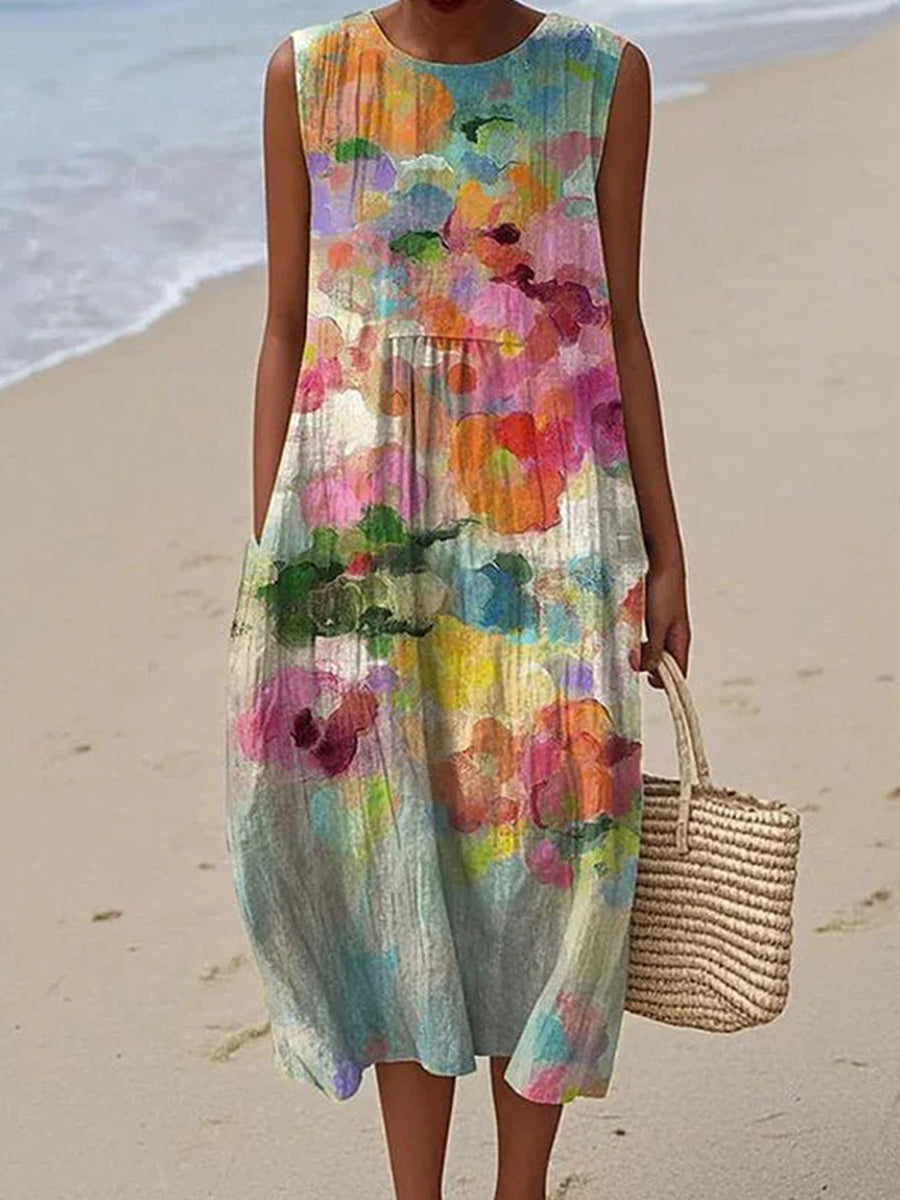 Vestido vintage midi multicolor con cuello redondo, sin mangas
