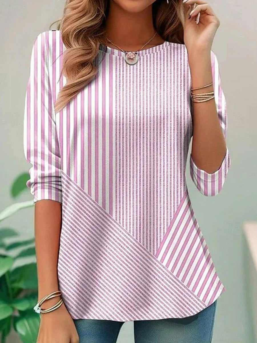Camisa de rayas rosa con cuello redondo y manga larga