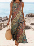 Vestido vintage midi étnico con cuello redondo, sin mangas