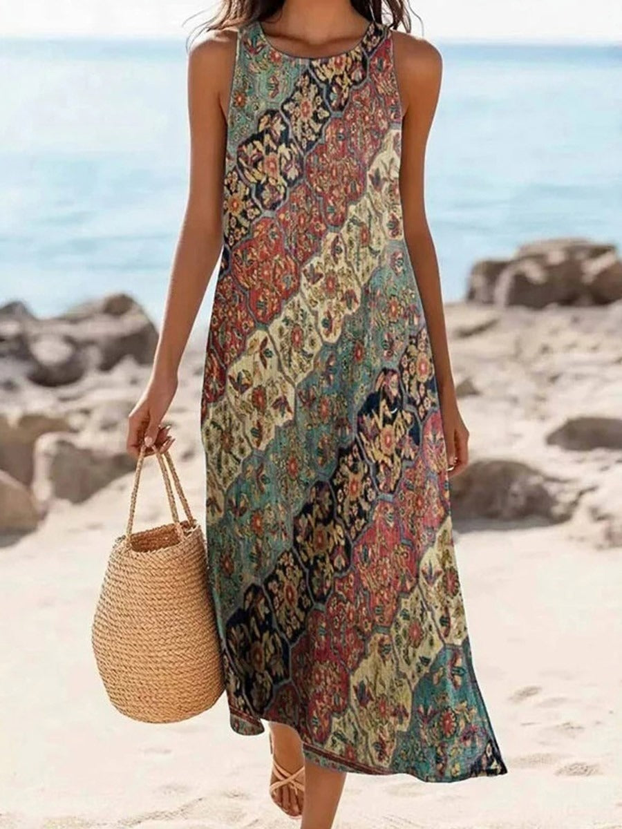 Vestido vintage midi étnico con cuello redondo, sin mangas