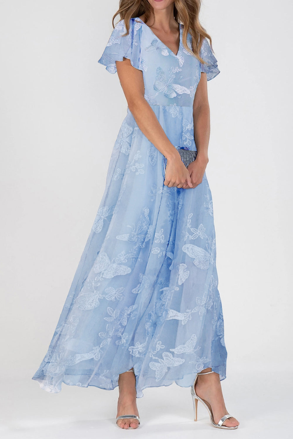 Vestido elegante largo de flores azul con escote en pico y manga corta