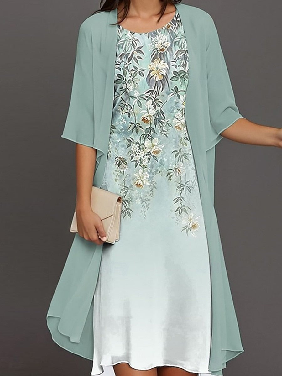 Vestido midi de flores con cuello redondo y manga francesa