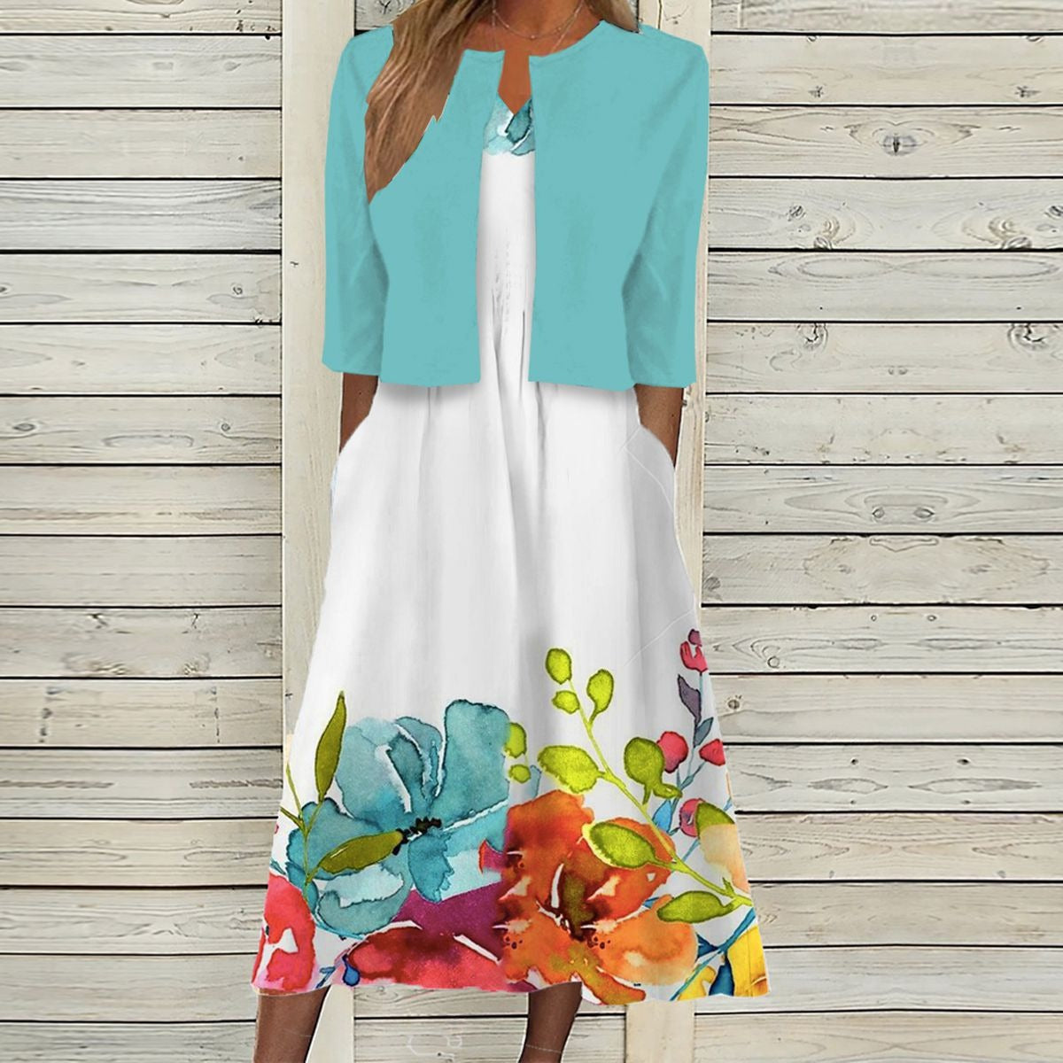 Vestido midi de flores con escote en pico y conjunto de dos piezas a juego, sin mangas