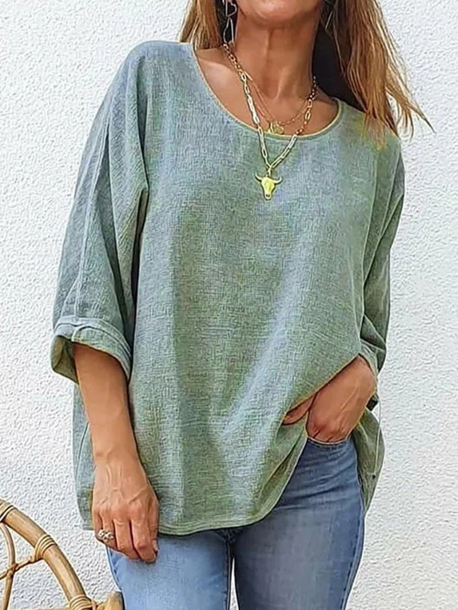 Camisa casual holgada lisa con cuello redondo