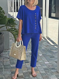 Conjunto casual de dos piezas liso con cuello camisero y manga corta