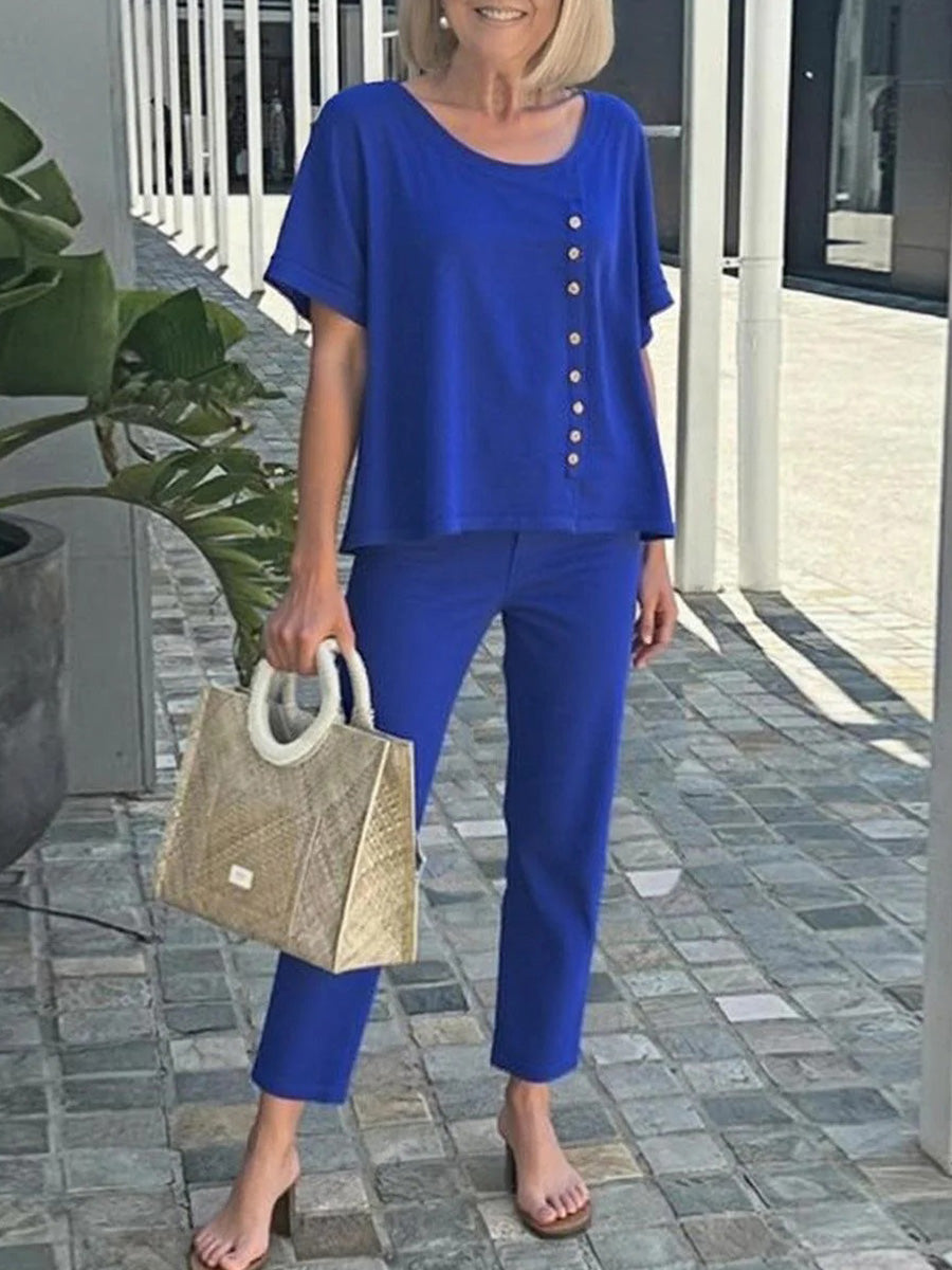 Conjunto casual de dos piezas liso con cuello camisero y manga corta
