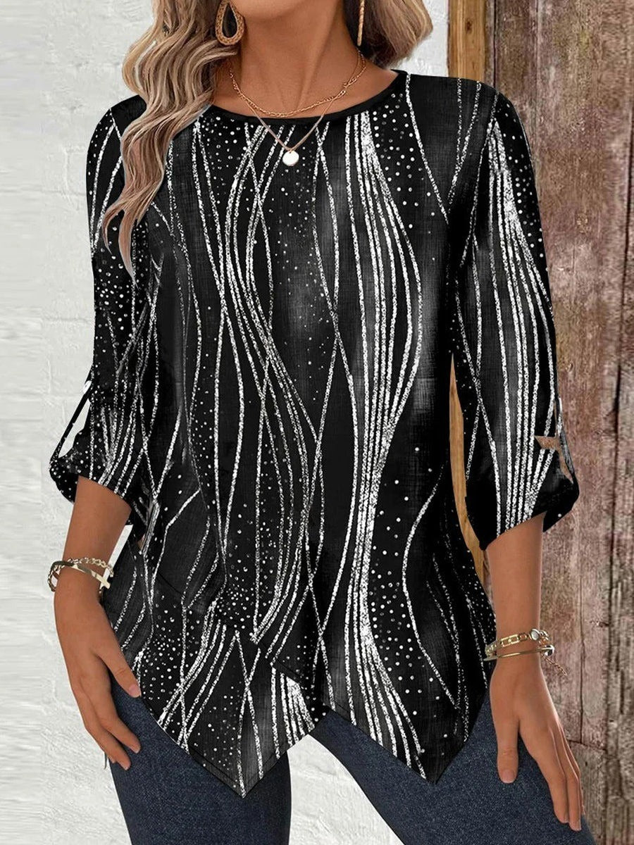 Blusa asimétrica de rayas con escote redondo amplio y manga larga