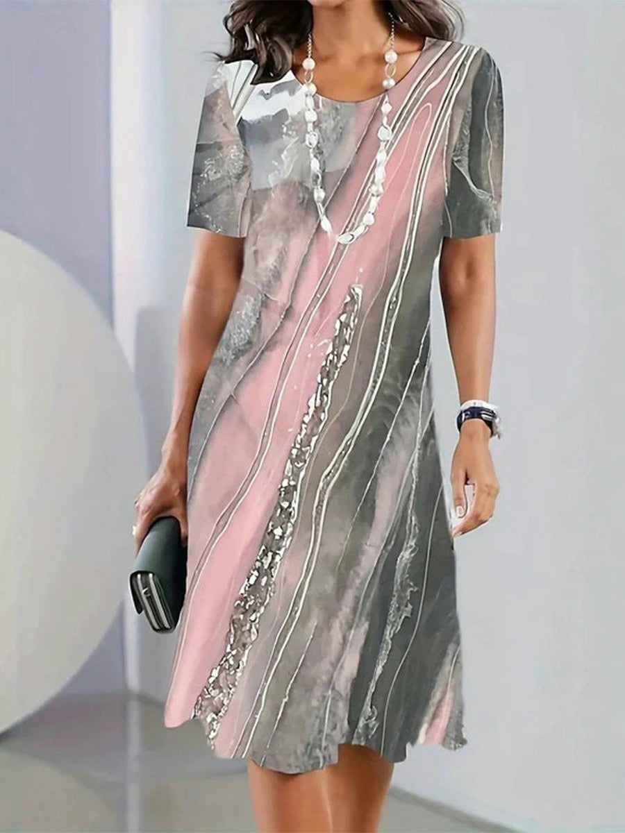 Vestido vintage midi degradado con cuello redondo y manga corta