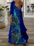 Vestido largo abstracto con escote en pico, manga larga y chaqueta a juego