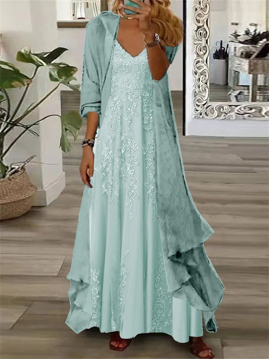 Vestido cómodo largo de flores con escote en pico y manga larga