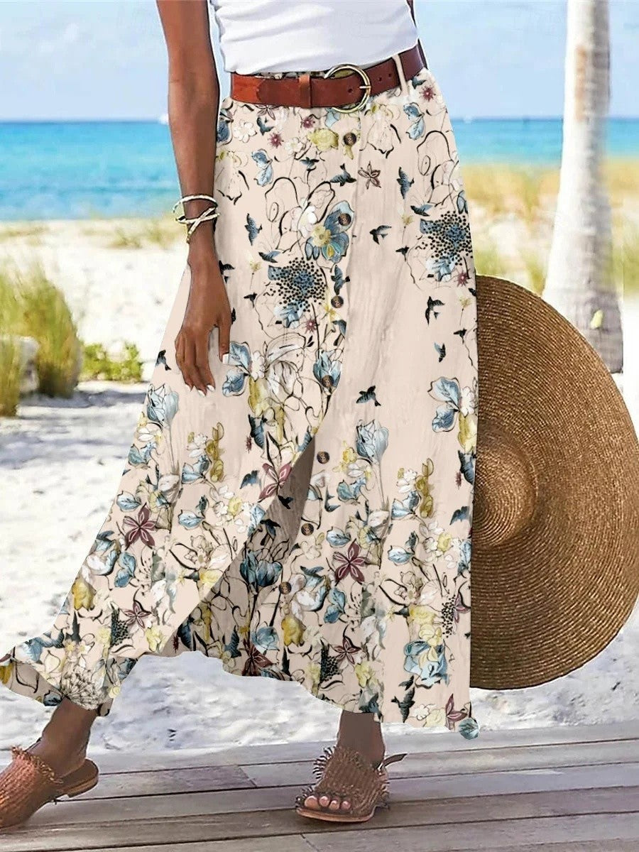 Pantalón largo de talle alto de estampado gráfico con botones y abertura