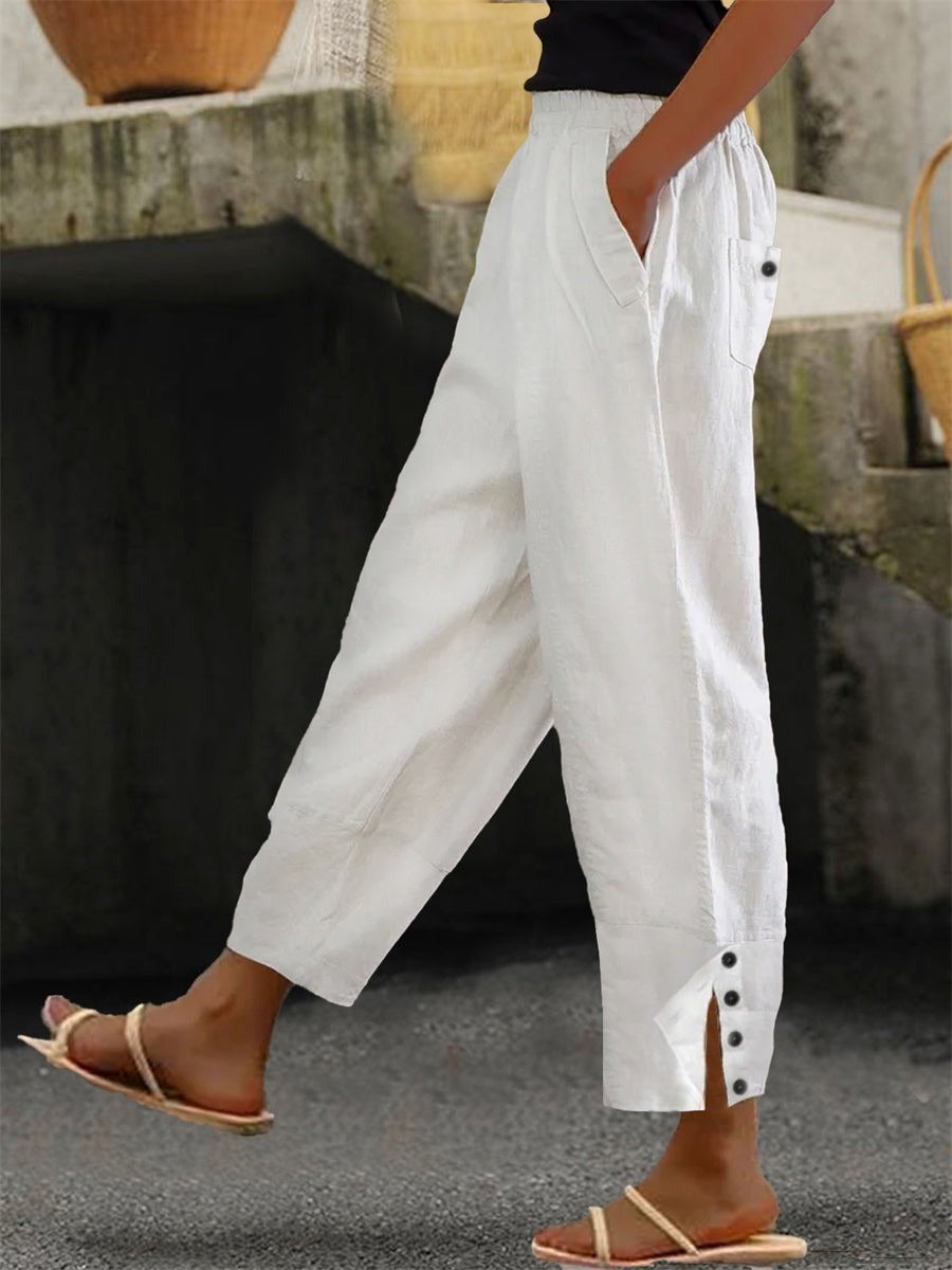 Pantalón casual holgado liso con botones