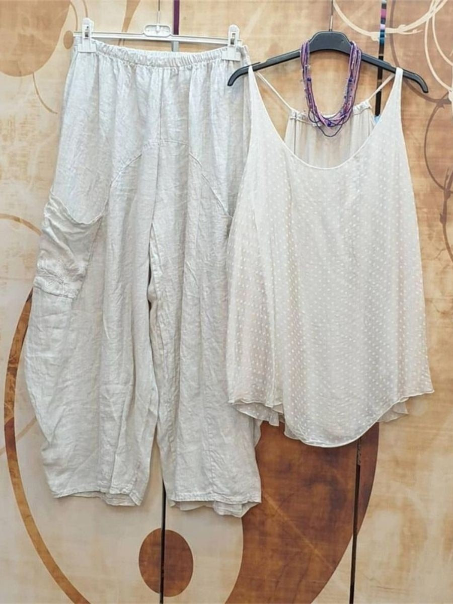 Conjunto de dos piezas holgado liso con cuello redondo, sin mangas