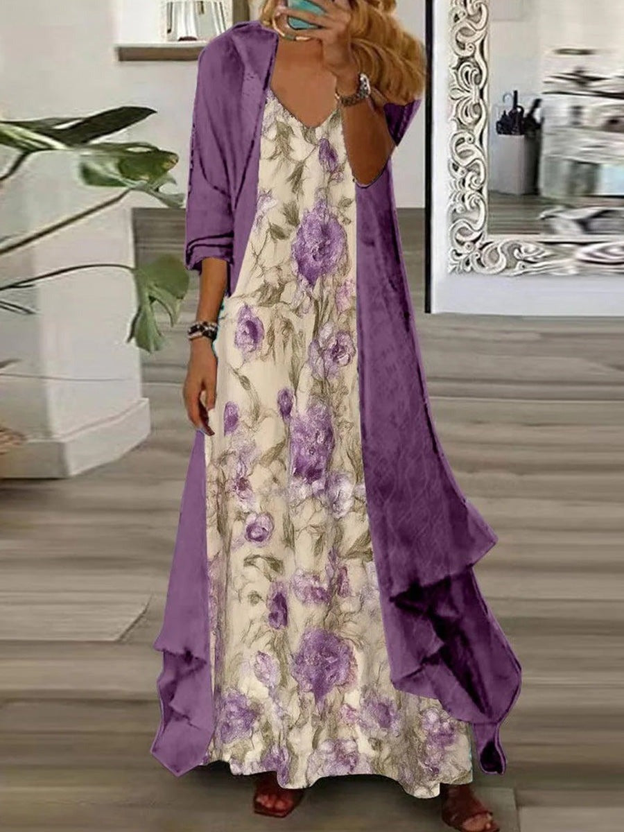 Vestido cómodo largo de flores morado con escote en pico y manga larga