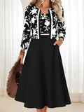 Vestido midi negro con bolsillos y conjunto de dos piezas a juego
