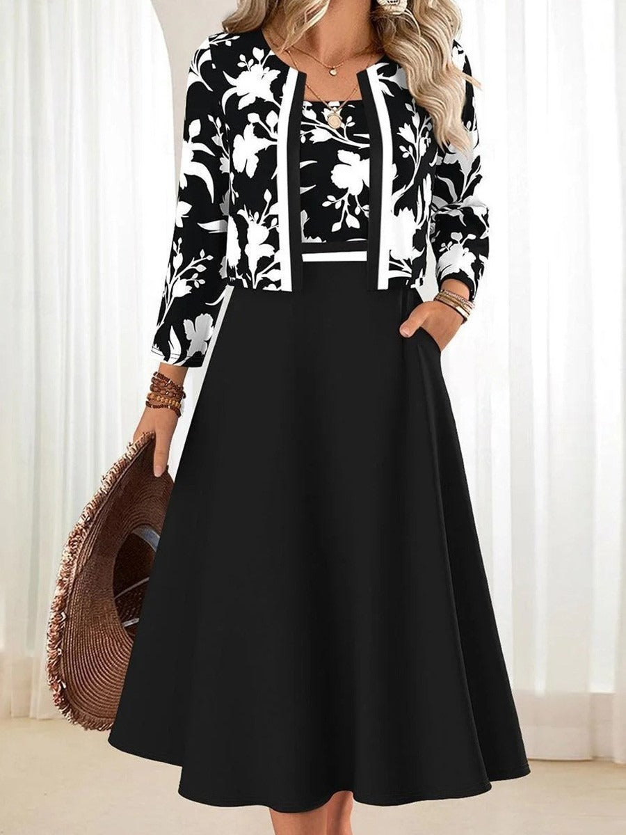 Vestido midi negro con bolsillos y conjunto de dos piezas a juego